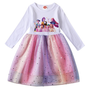 春秋Kpop Demon Hunter猎魔女团童装全棉网纱裙子长袖女童连衣裙