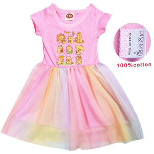 夏季卡通capybara卡皮巴拉卡通童装全棉网纱裙子+包包女童连衣裙