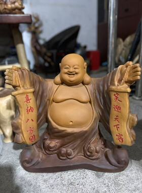 香樟木弥勒佛雕件手工雕刻根雕摆件中式人物禅意客厅门面