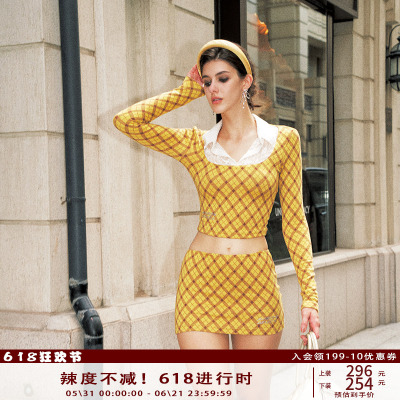 Anti Being General早秋辣妹风设计感小个子黄色格纹蕾丝套装