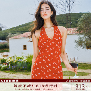 Anti Being General辣妹红色蝴蝶结无袖露背V领挂脖连衣裙短裙