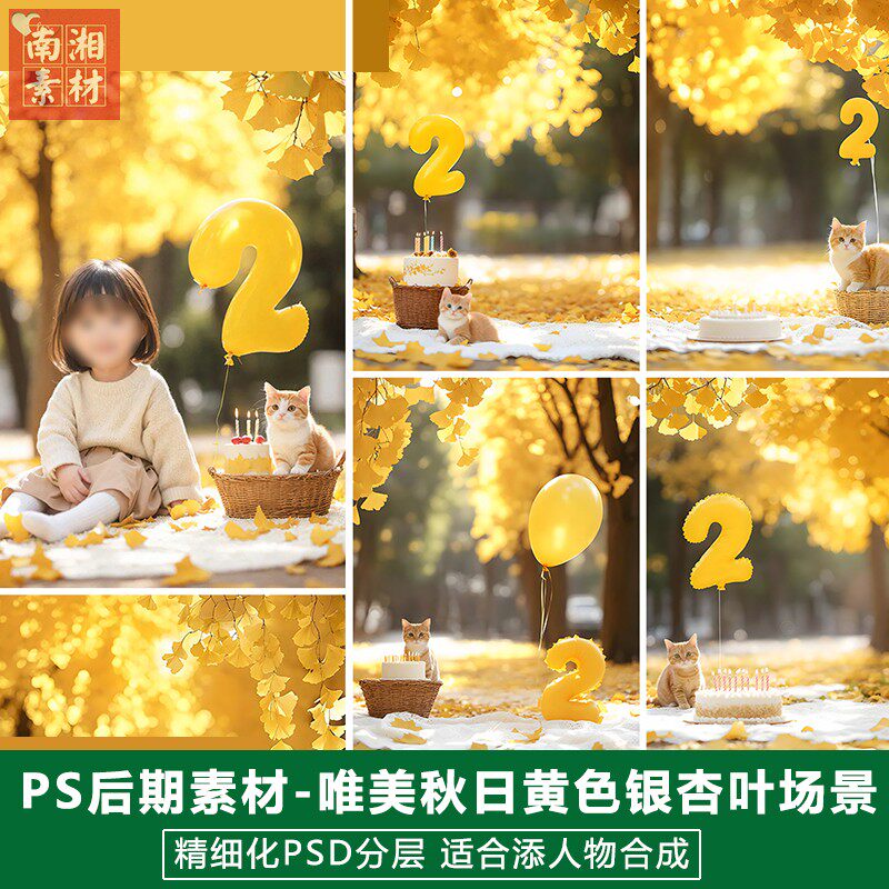 新版儿童影楼后期PS模板黄落叶两岁宝宝生日照片设计高清溶图素材