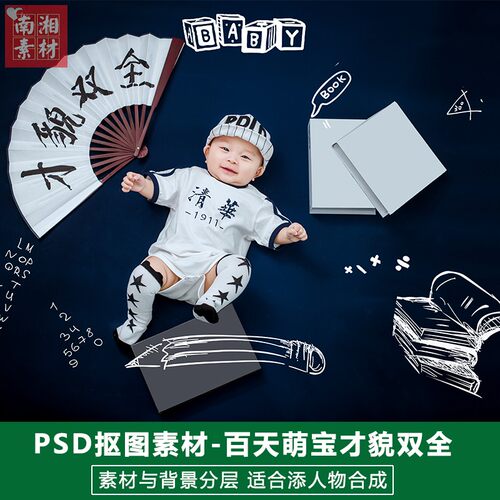 新影楼后期PSD抠图模板换背景设计百天满月宝宝才貌双全素材分层