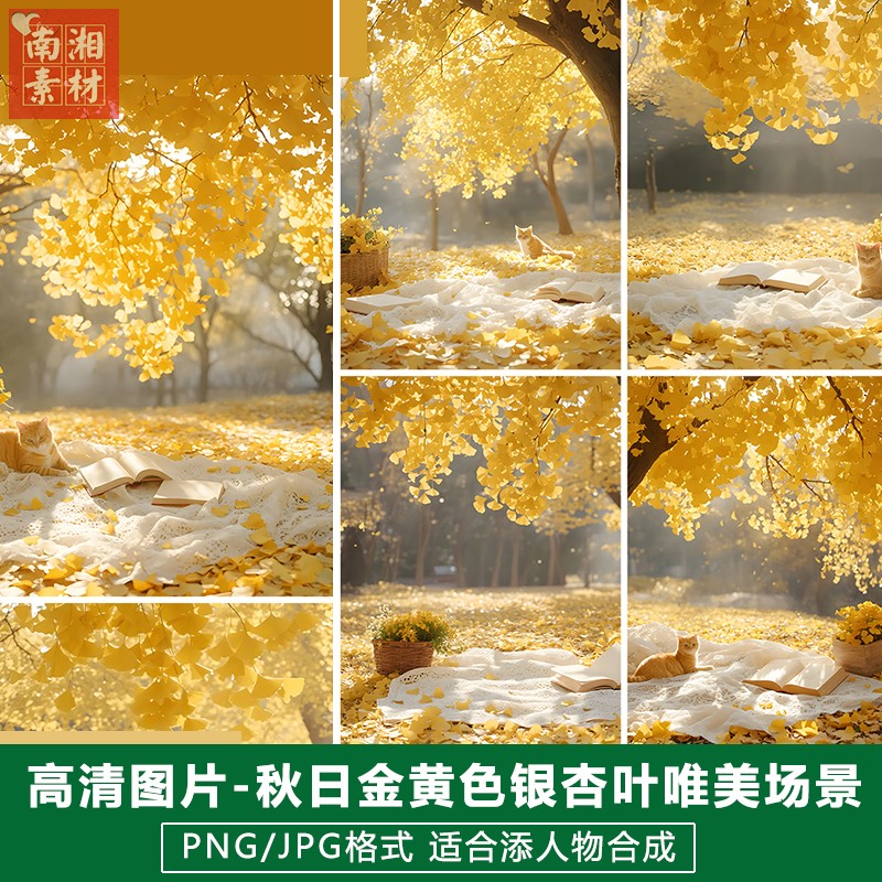 新版儿童影楼后期溶图模板百天宝宝照片设计秋日猫咪银杏树PS素材