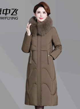 雪中飞正品羽绒服女中长款大码加厚冬季长款过膝中老年羽绒服外套