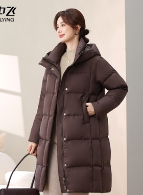 雪中飞2025年冬季新款休闲时尚百搭长款女士纯色连帽羽绒服外套女