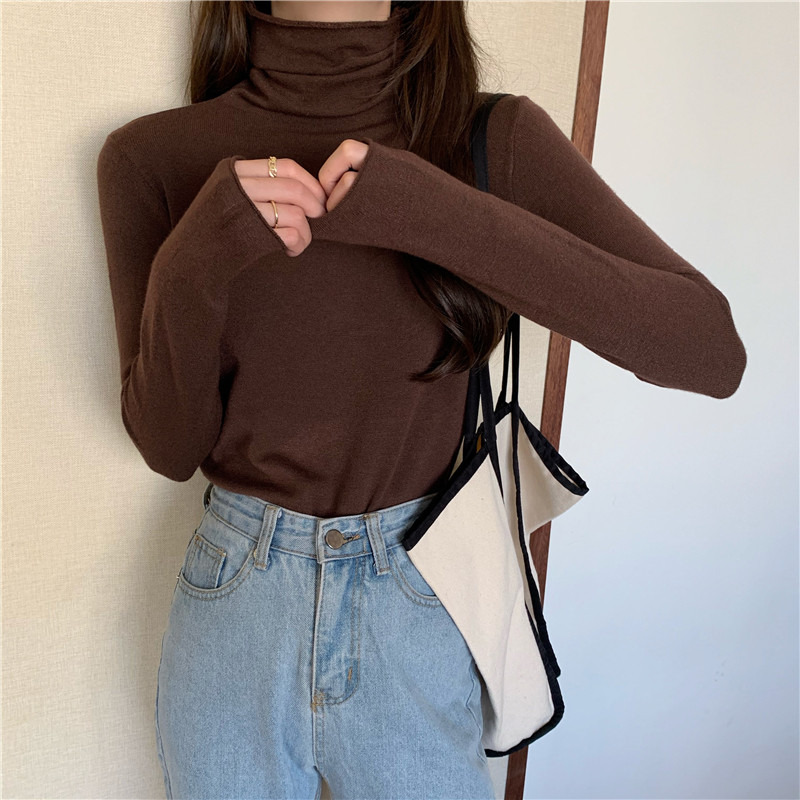 2023美拉德风咖啡色卷边堆堆领打底衫针织衫内搭修身基础高领毛衣