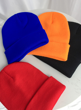 韩国ins街头原宿风亮色橙色橘色桔色百搭保暖针织毛线冷帽男女冬