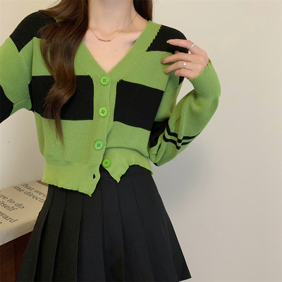 秋冬新款韩版chic牛油果绿拼色长袖针织开衫女V领短款毛衣小外套