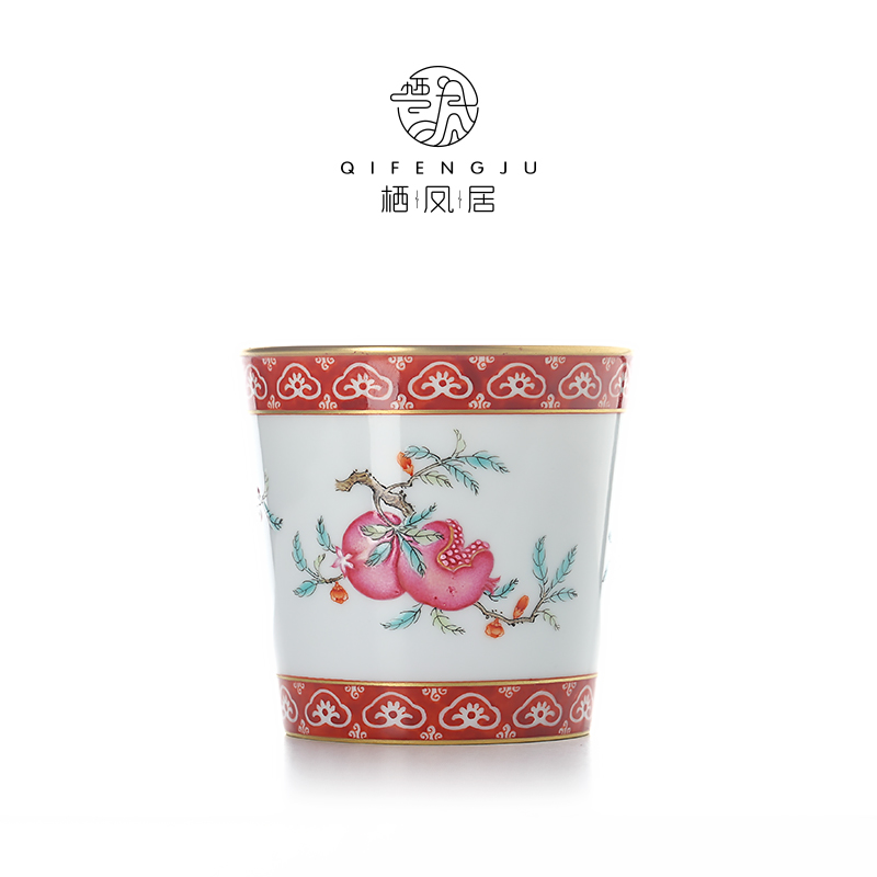 栖凤居手绘矾红如意边三多杯170ml陶瓷复古主人杯景德镇喝茶家用