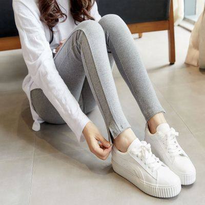 春款韩国纯棉侧边纯棉打底裤小脚口开叉拼接显瘦修身女外穿