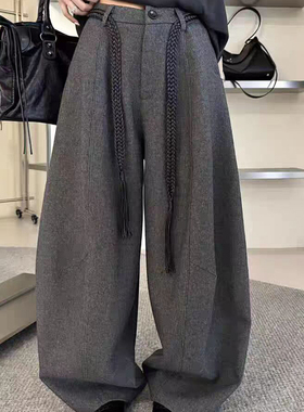3R3秋季新款W2218高腰显瘦弯刀阔腿裤女休闲裤拖地长裤子羊毛裤子