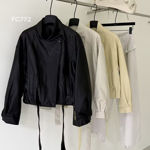 FC772韩版 皮衣宽松系带收腰百搭减龄2026小个子夹克外套 立领短款