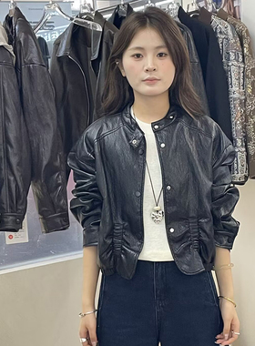 HZY高级感褶皱PU皮衣长袖短款外套女圆领机车夹克上衣百搭A258030
