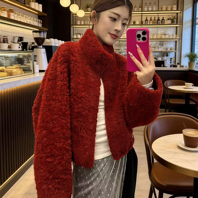 立领红色毛绒短外套女冬季