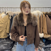 90绒qingshe韩系高端麂皮绒派克短外套女2025大毛领狐狸毛皮草