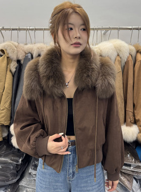 90绒qingshe韩系高端麂皮绒派克短外套女2025大毛领狐狸毛皮草