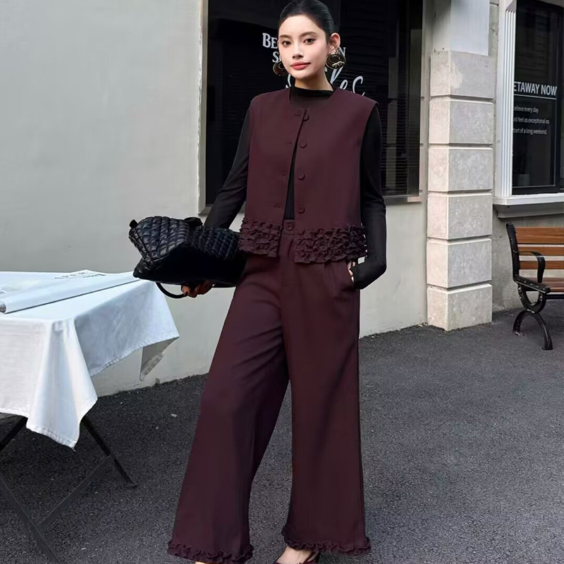 5330时尚洋气木耳边马甲阔腿裤子套装女秋季小香风名媛气质两件套,女装/女士精品,时尚套装,淘宝优惠券,粉丝福利购,淘宝优惠卷