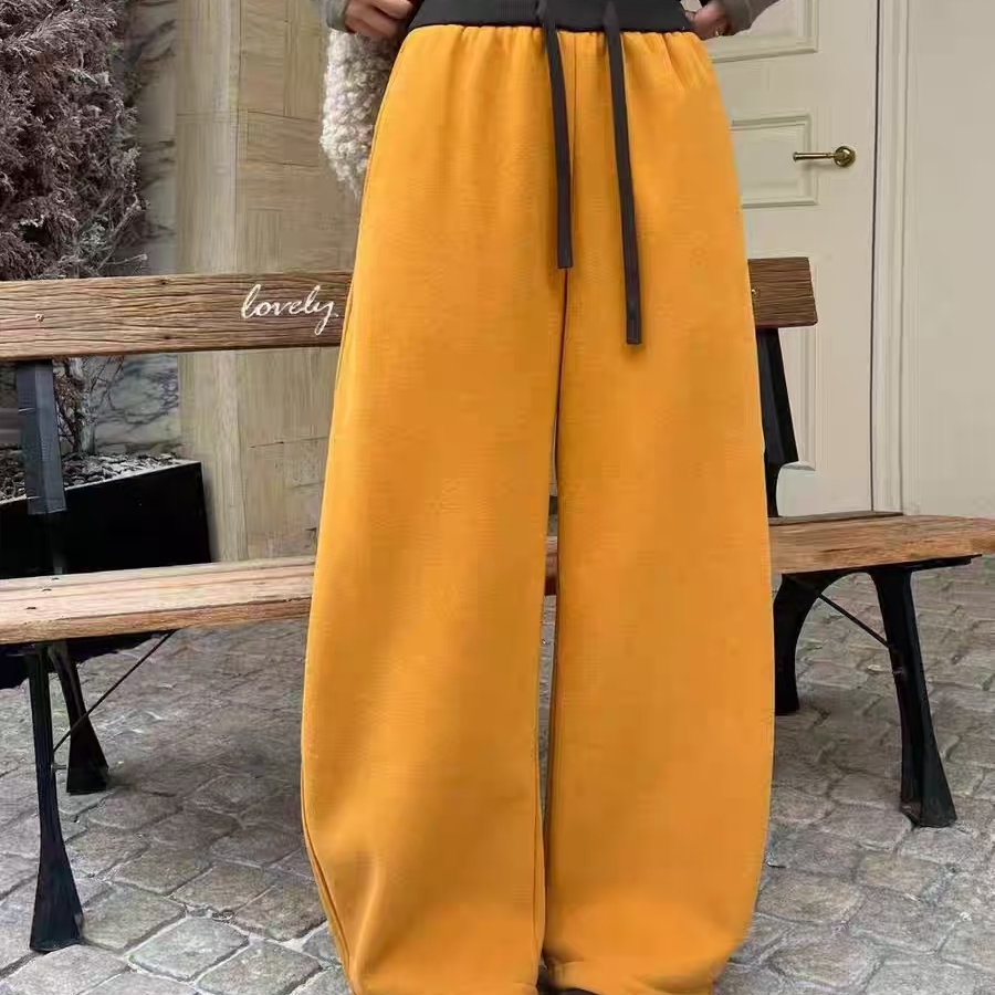 衣啦啦抽绳松紧腰拼色阔腿裤