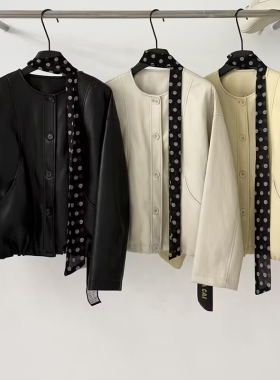 发财6802韩版短款皮衣女春季波点飘带小个子宽松休闲百搭长袖外套