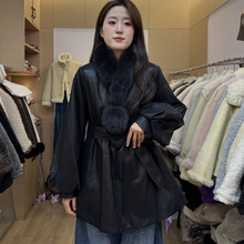 发财8892韩版黑色毛领皮衣羽绒服女中长款系带收腰加厚保暖外套