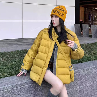 欧货2025冬季韩版宽松立领90羽绒服女中长款牛仔拼接保暖廓形外套