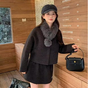 韩系狐狸毛围脖小香风羽绒套装裙女冬季千金穿搭淑女风毛呢两件套