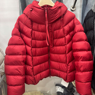 2025冬天短款连帽羽绒服女90白鸭绒加厚保暖面包服红色外套超好看