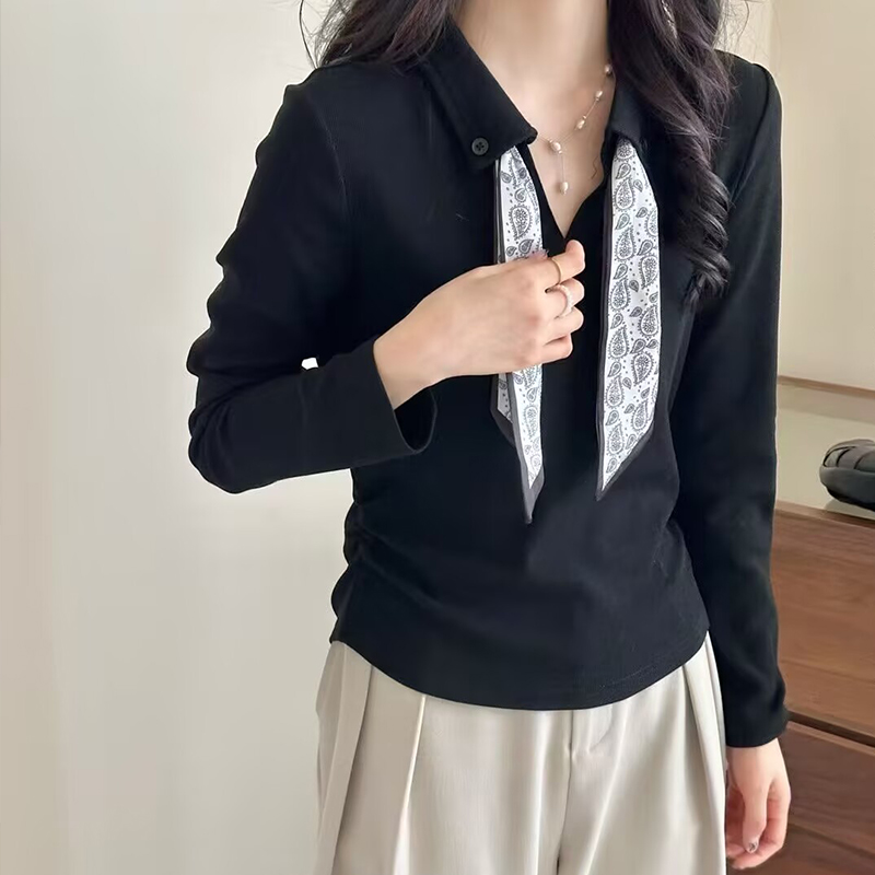 上衣宽松POLO领长袖T恤女莫妮