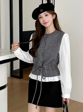 韩版温柔风绑带针织拼接假两件衬衫女收腰显瘦减龄上衣高端25862