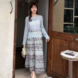 高级感气质两件套 春季 琳涵衣秀波西米亚镂空针织衫 碎花半身裙套装