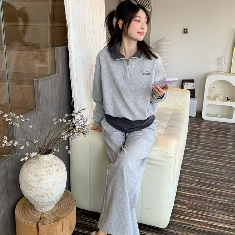 莲依莲2026春季休闲运动风假两件卫衣套装裤女灰色拉链上衣两件套