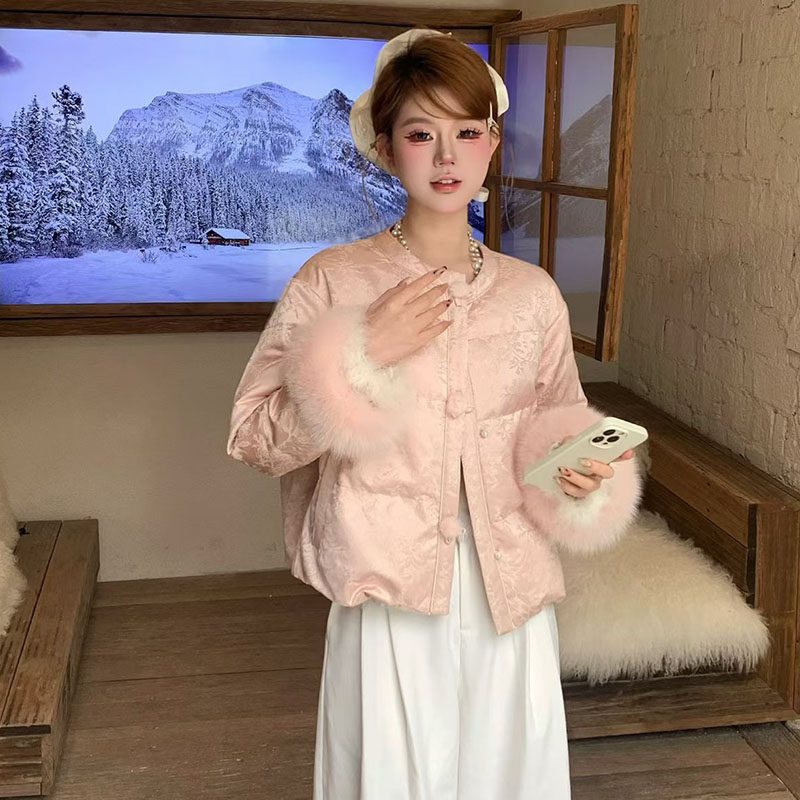 88-1662新中式轻奢圆领狐狸毛羽绒服女90白鸭绒毛绒拼袖保暖外套,女装/女士精品,羽绒服,淘宝优惠券,粉丝福利购,淘宝优惠卷