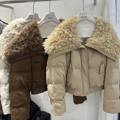 羊卷毛领短款羽绒服红头发儿同款