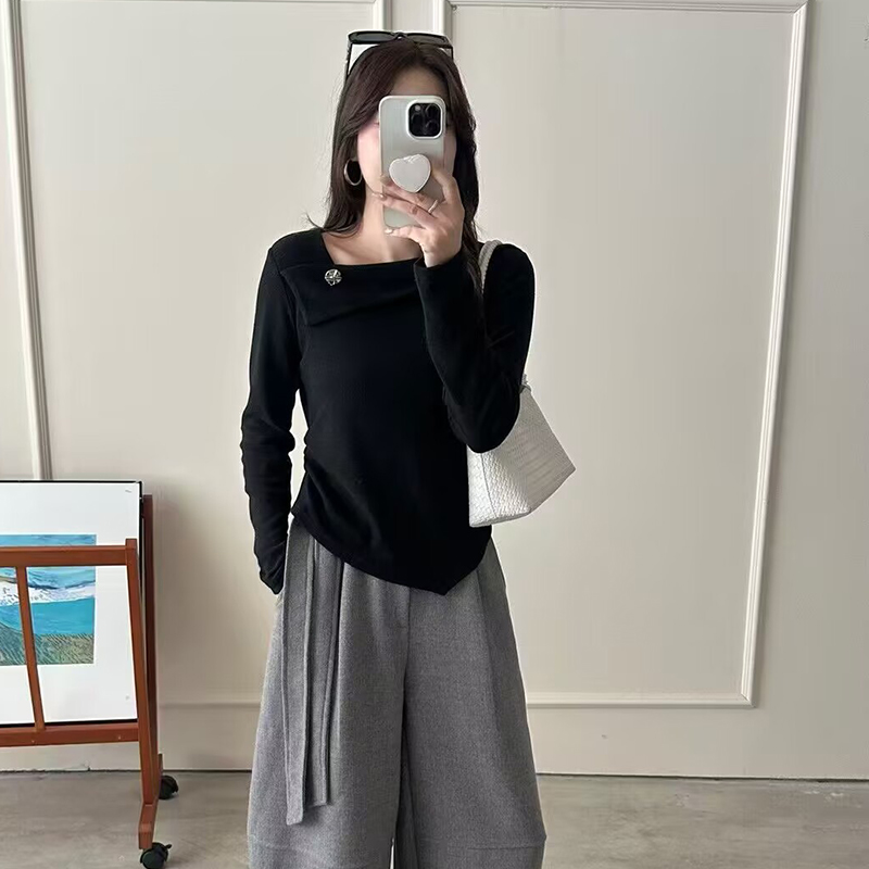 不对称斜领长袖T恤女莫妮