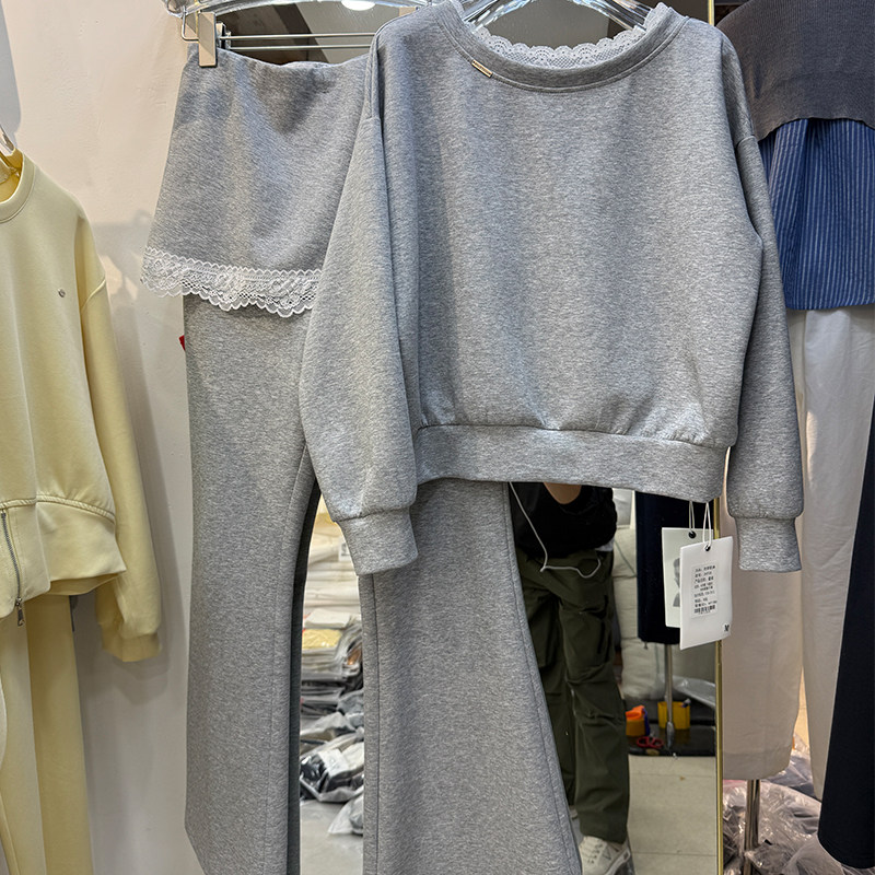 芭黎歌弟女装2026春装新款圆领假两件卫衣阔腿裤套装蕾丝边两件套