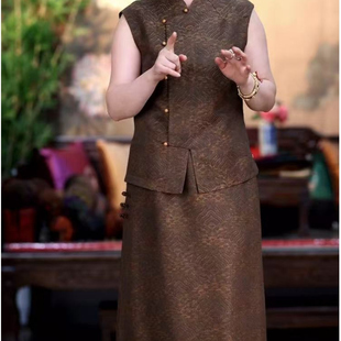 定制海浪纹红云纱半裙套装 不支持7天无理由