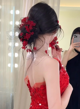 TM｜新娘敬酒服红色造型头饰 手作彼岸花（包含黑网