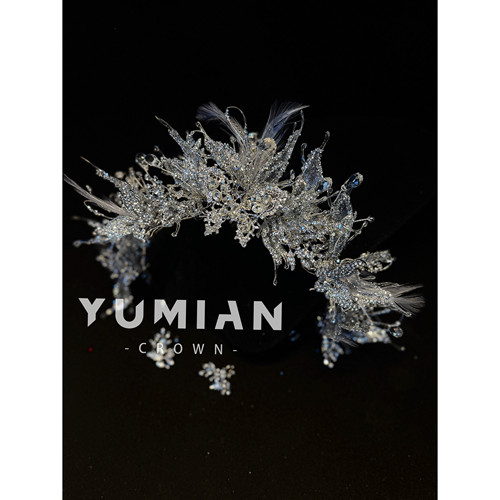 YuG｜手作碎钻蝴蝶羽毛大冠新娘皇冠重工婚纱搭配