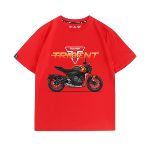 凯旋660三叉戟摩托车骑士印花骑行服夏季短袖T恤男装纯棉衣服穿搭