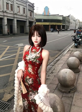 高开叉红色改良旗袍2026新款复古印花性感纯欲包臀修身夜店连衣裙