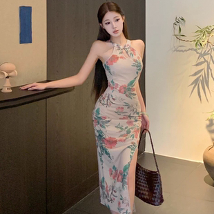 新中式改良旗袍挂脖印花连衣裙女气质显瘦足疗柔式技师工作服性感