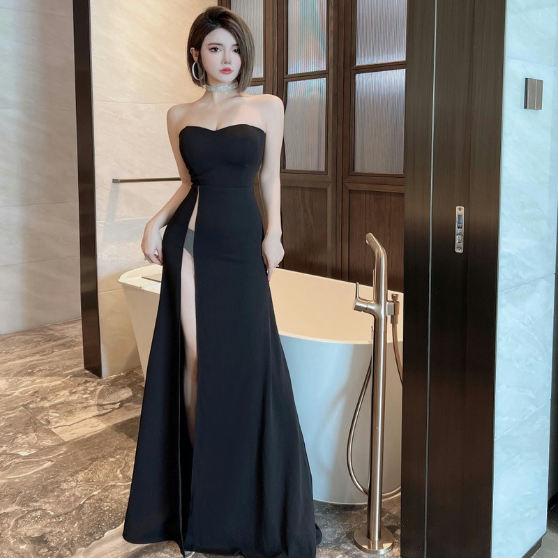 抹胸黑色晚礼服长款修身显瘦高开叉性感连衣裙女新款技师夜场工衣