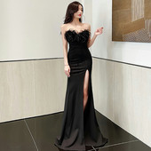 晚礼服女2025新款 抹胸鱼尾小众羽毛连衣裙 高级感黑色高端宴会修身