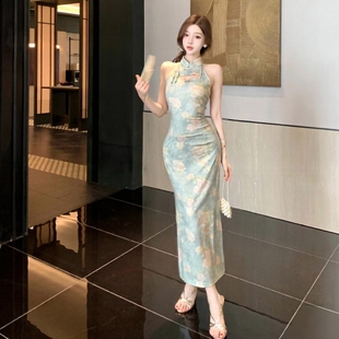 新中式改良旗袍连衣裙性感修身长款气质沐足SPA柔式技师工作服女