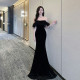 一字肩晚礼服女2024新款 高级感毛毛领抹胸宴会鱼尾年会高端连衣裙