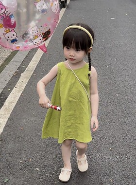 韩系女童连衣裙夏季洋气儿童时髦款背心裙女宝宝小清新绿色裙子潮