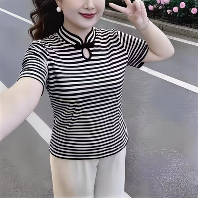 改良旗袍领条纹显瘦短袖T恤女