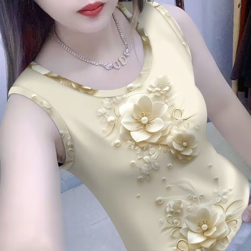 撞色背心女装2025印花新款夏季修身外穿显瘦无袖上衣吊带打底