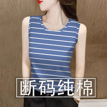 断码纯棉圆领背心打底衫女2024夏季新款时尚百搭宽松无袖条纹上衣